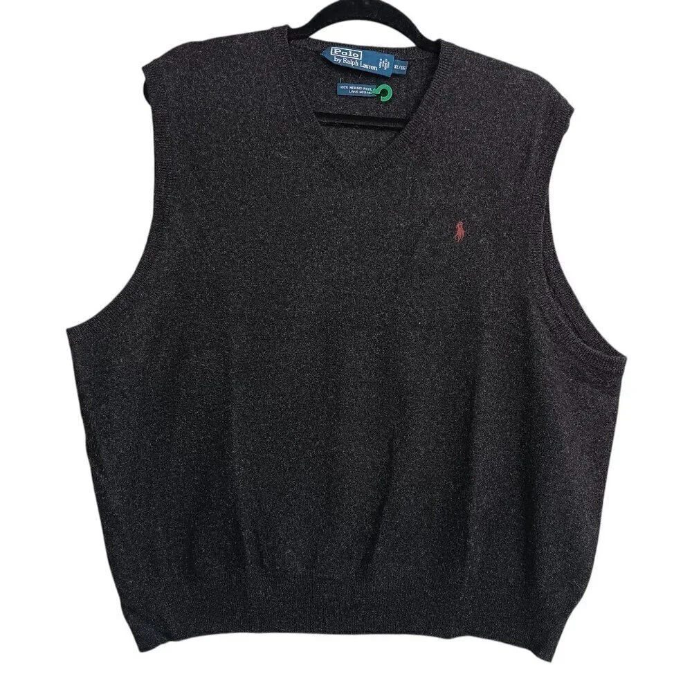 POLO by RALPH LAUREN Men Sweater Vest Gray Sz.XL Wool V-neck Pullover Pony Logo